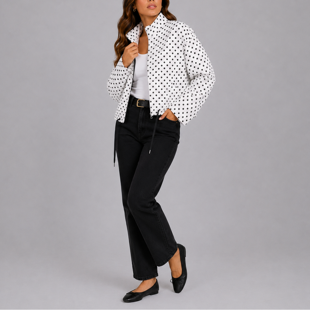 Women's Polka Dot Bomber Jacket – Stand Collar – White