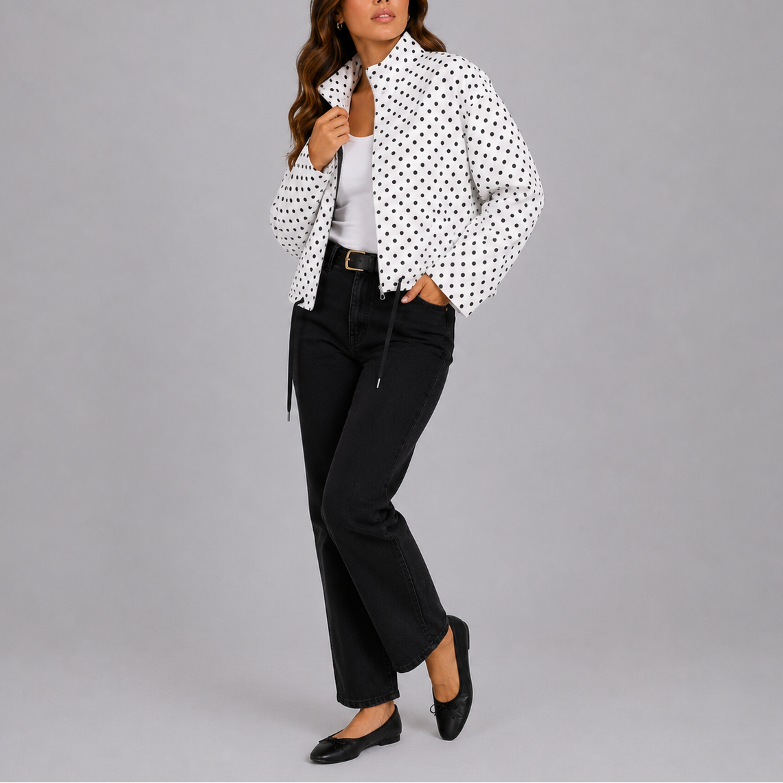 Women's Polka Dot Bomber Jacket – Stand Collar – White