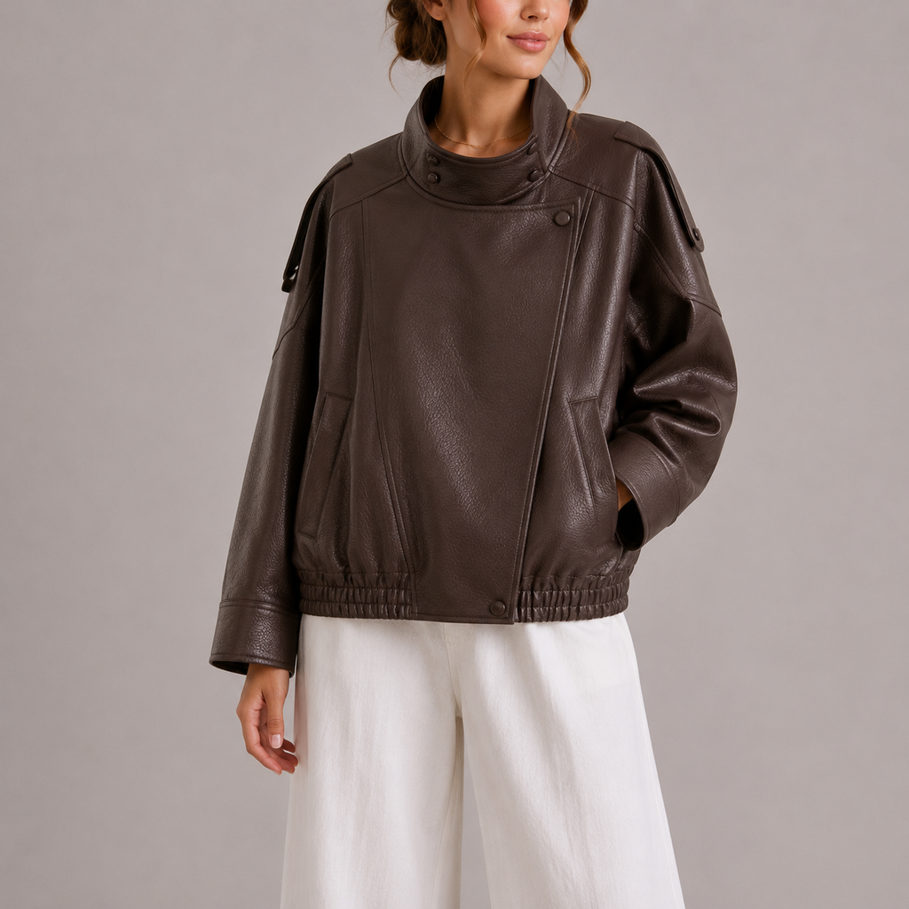 Women's Oversized Faux Leather Bomber Jacket with High Collar – Brown