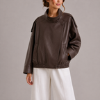 Women's Oversized Faux Leather Bomber Jacket with High Collar – Brown