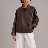 Women's Oversized Faux Leather Bomber Jacket with High Collar – Brown