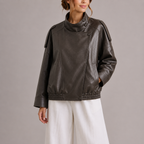 Women's Oversized Faux Leather Bomber Jacket with High Collar – Dark green