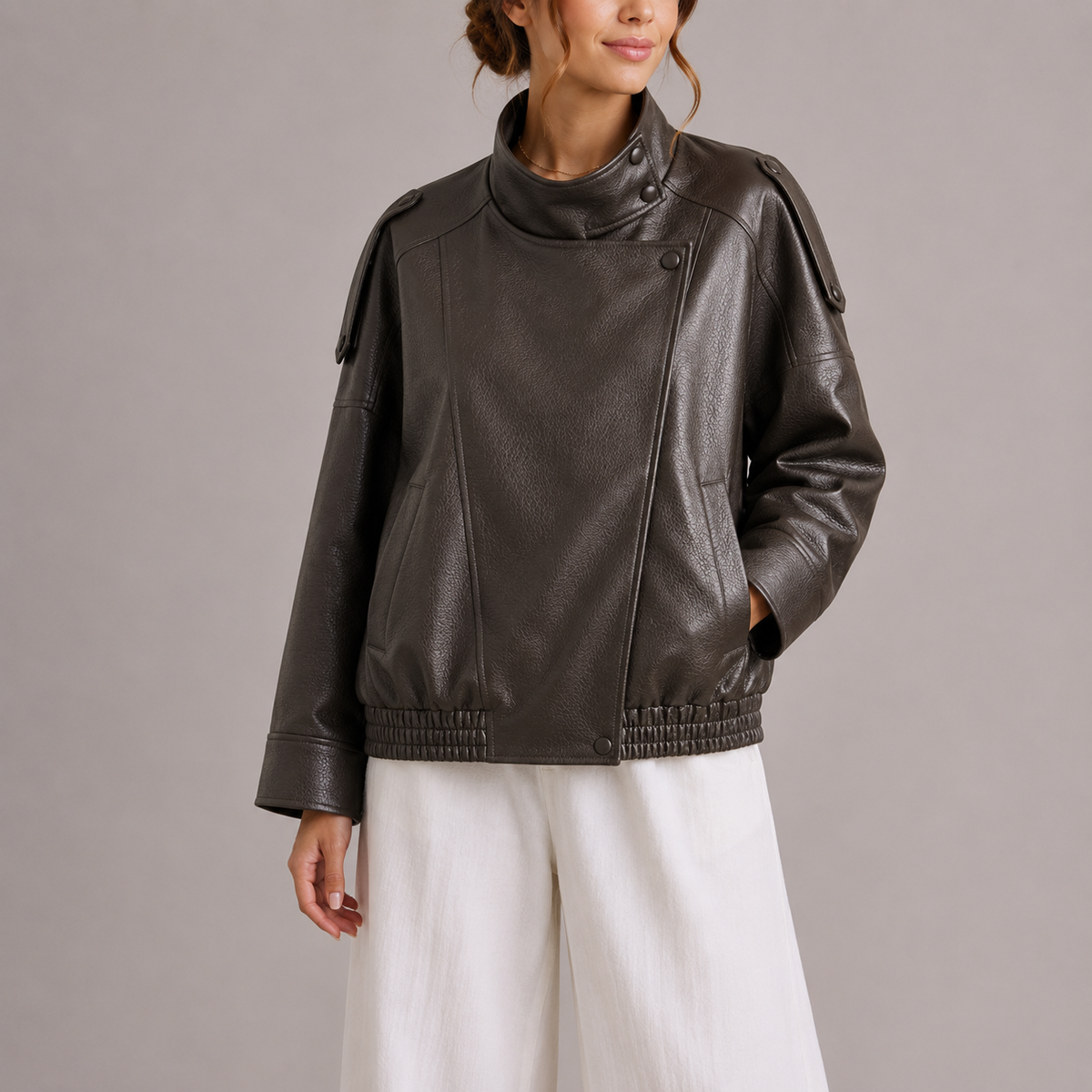 Women's Oversized Faux Leather Bomber Jacket with High Collar – Dark green