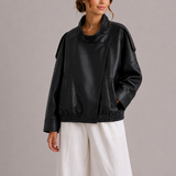 Women's Oversized Faux Leather Bomber Jacket with High Collar – Black