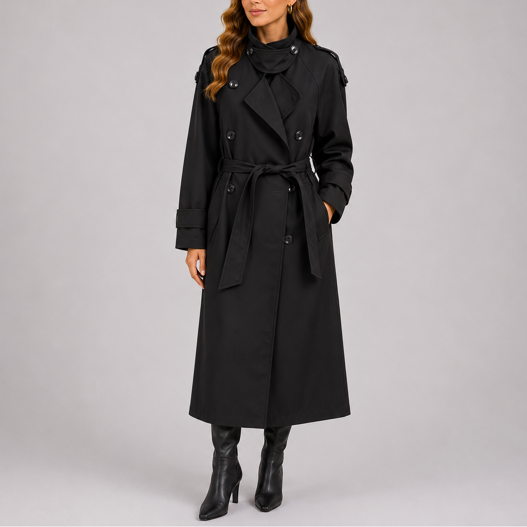 Women's Tailored Double-Breasted Trench Coat with Belt – Black