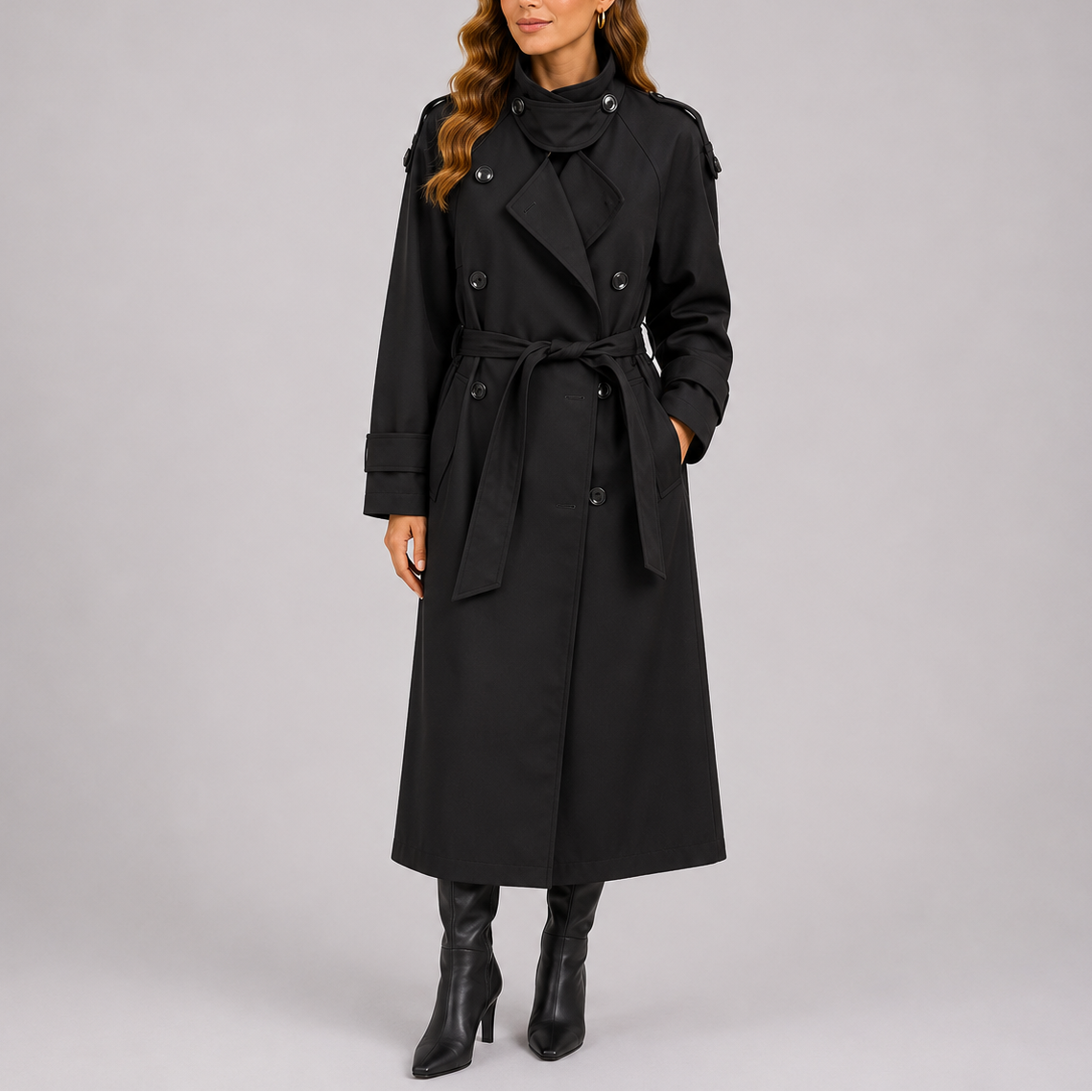 Women's Tailored Double-Breasted Trench Coat with Belt – Black