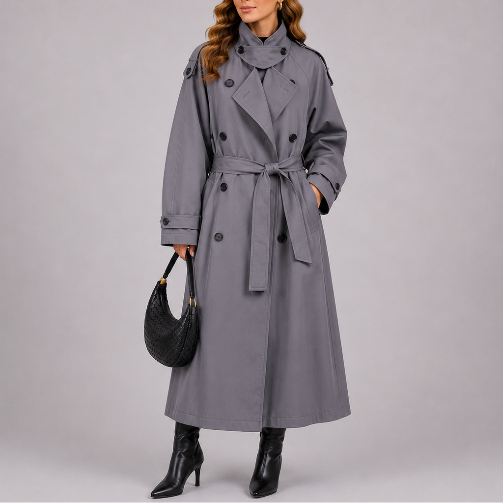 Women's Tailored Double-Breasted Trench Coat with Belt – Gray