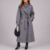Women's Tailored Double-Breasted Trench Coat with Belt – Gray