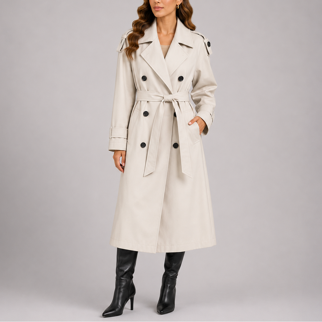 Women's Tailored Double-Breasted Trench Coat with Belt – White
