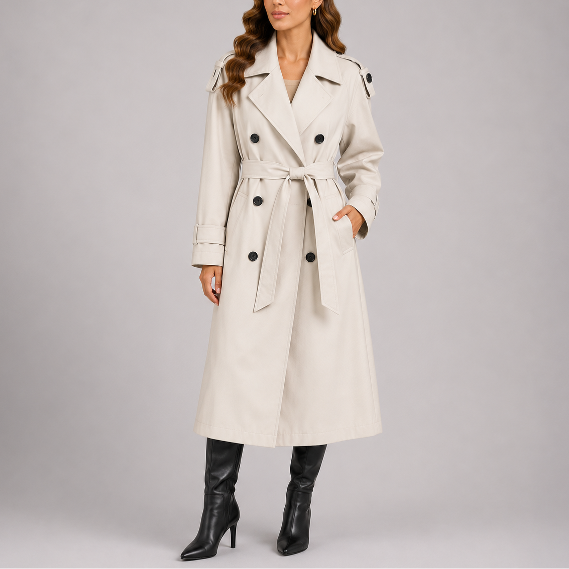 Women's Tailored Double-Breasted Trench Coat with Belt – White