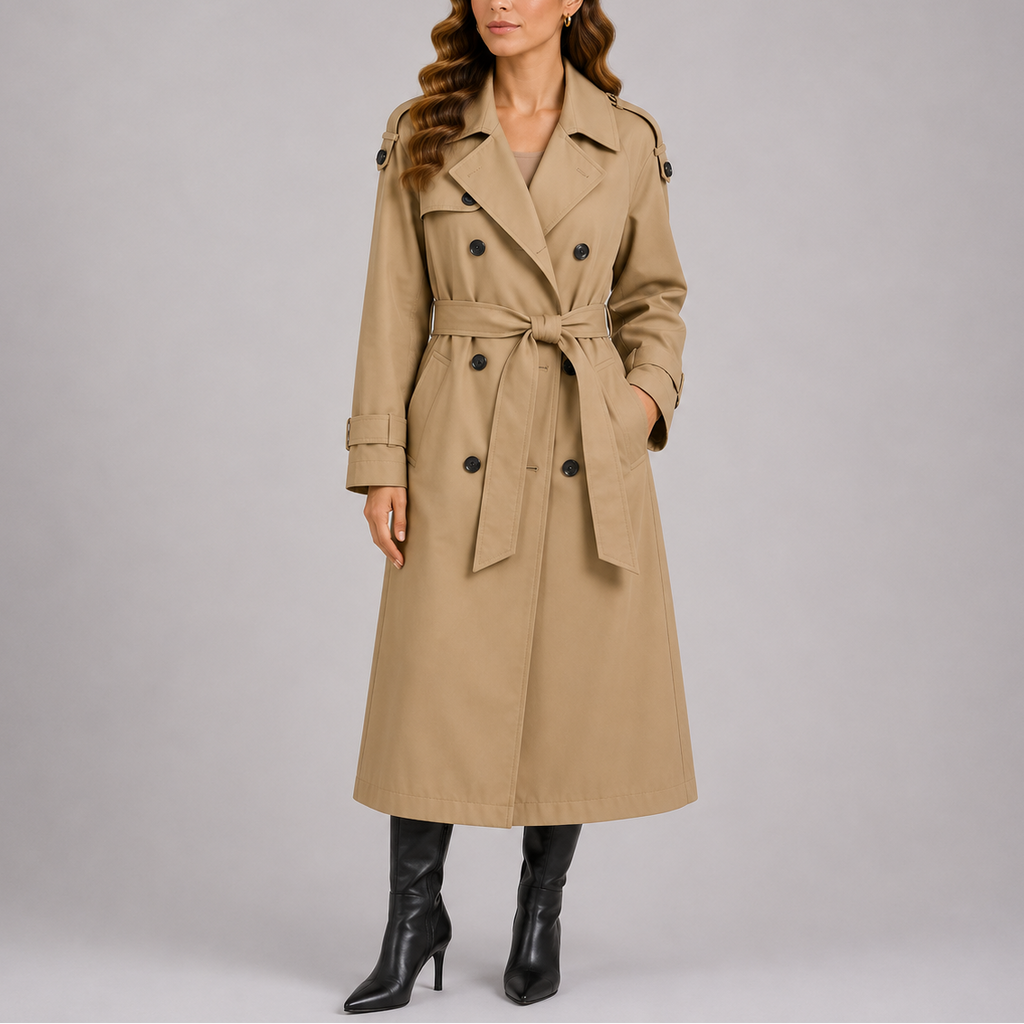 Women's Tailored Double-Breasted Trench Coat with Belt – Beige
