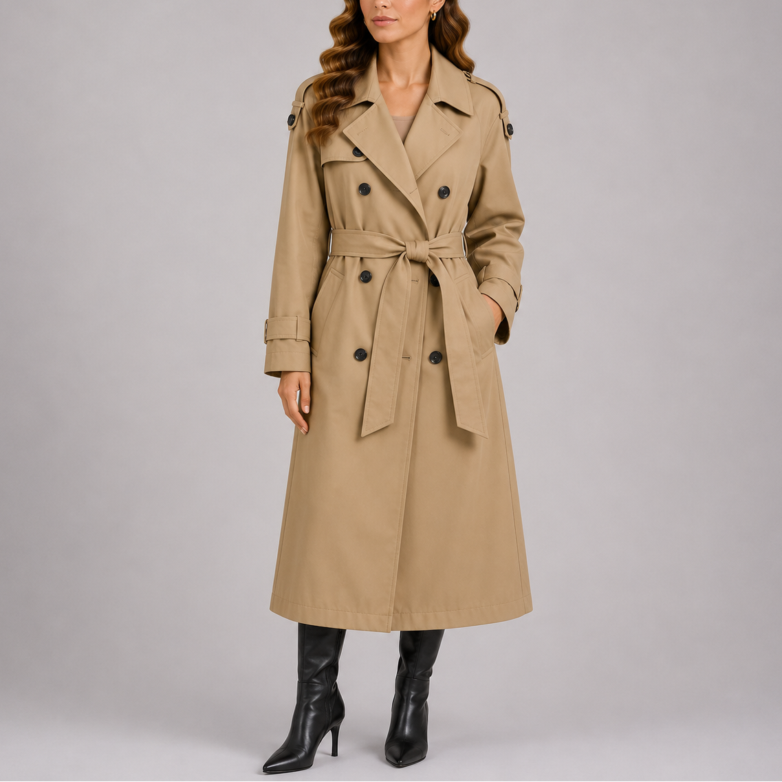 Women's Tailored Double-Breasted Trench Coat with Belt – Beige