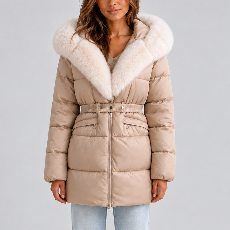 Women's Belted Hooded Puffer Coat with Faux Fur Trim – Beige