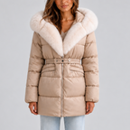 Women's Belted Hooded Puffer Coat with Faux Fur Trim – Beige