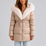 Women's Belted Hooded Puffer Coat with Faux Fur Trim