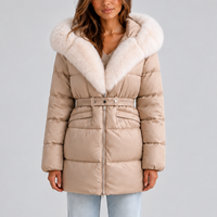 Women's Belted Hooded Puffer Coat with Faux Fur Trim – Beige