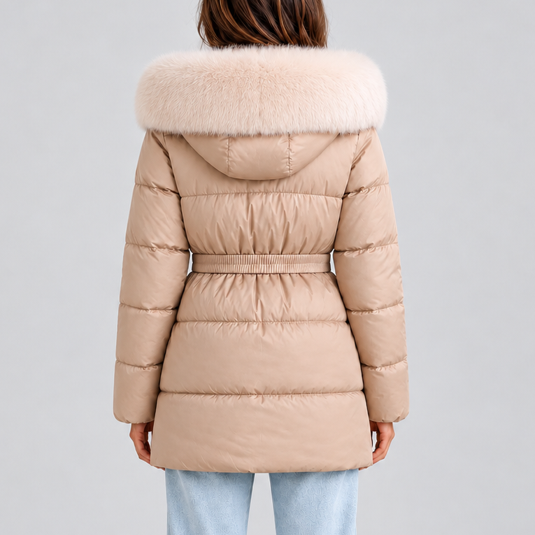 Women's Belted Hooded Puffer Coat with Faux Fur Trim