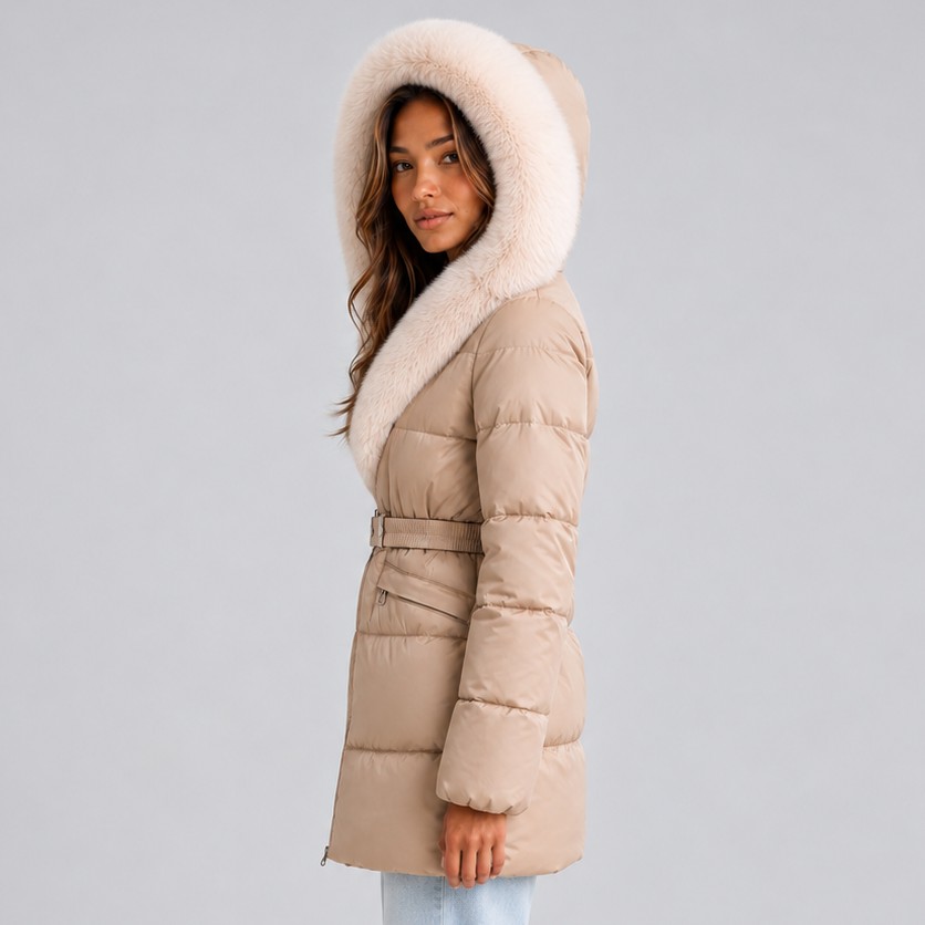 Women's Belted Hooded Puffer Coat with Faux Fur Trim
