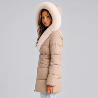 Women's Belted Hooded Puffer Coat with Faux Fur Trim