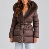 Women's Belted Hooded Puffer Coat with Faux Fur Trim – Brown