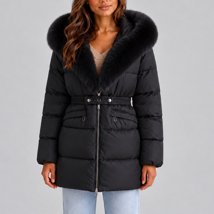 Women's Belted Hooded Puffer Coat with Faux Fur Trim – Black