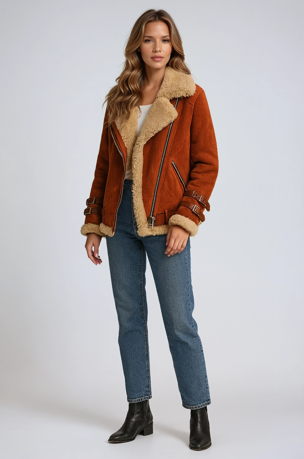 Women's Suede-Finish Pilot Jacket – Classic Bomber – Orange