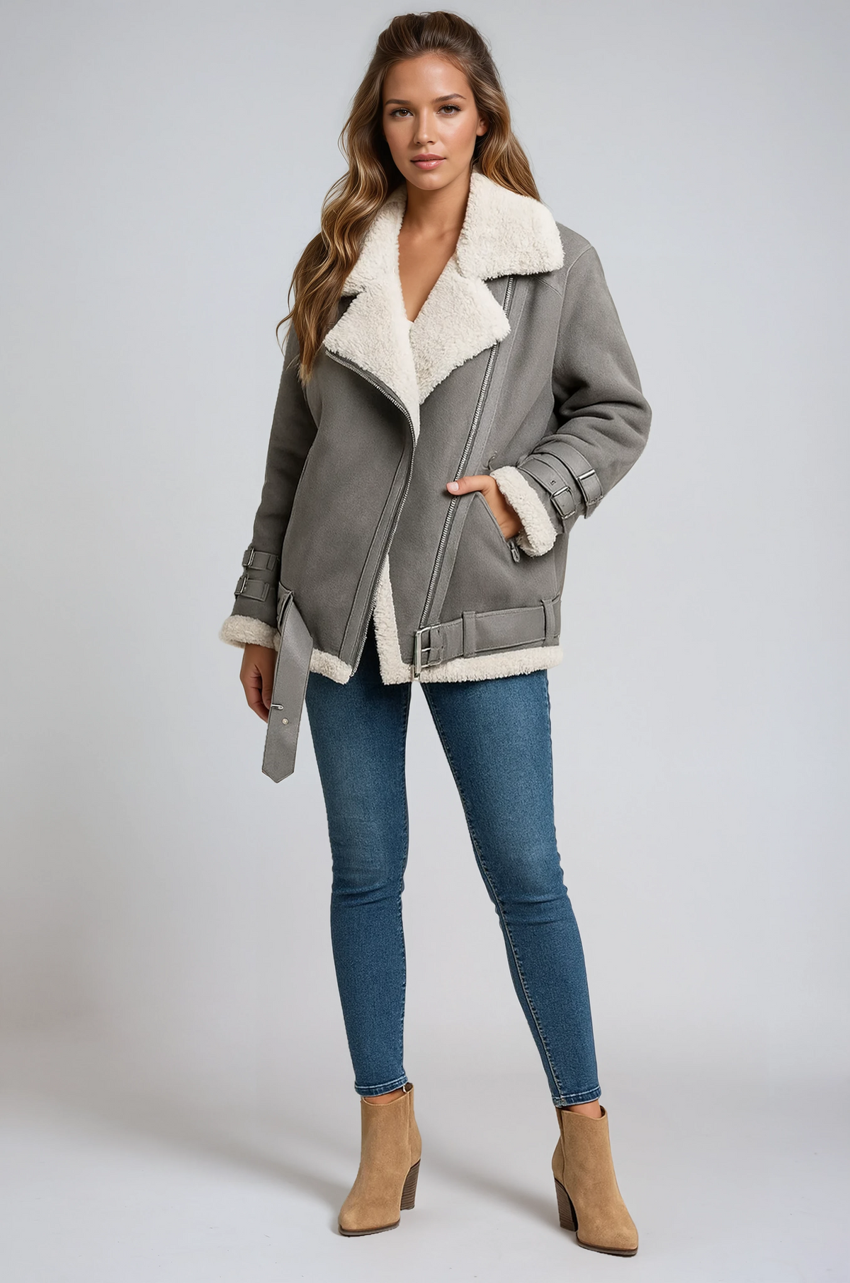 Women's Suede-Finish Pilot Jacket – Classic Bomber – Grey