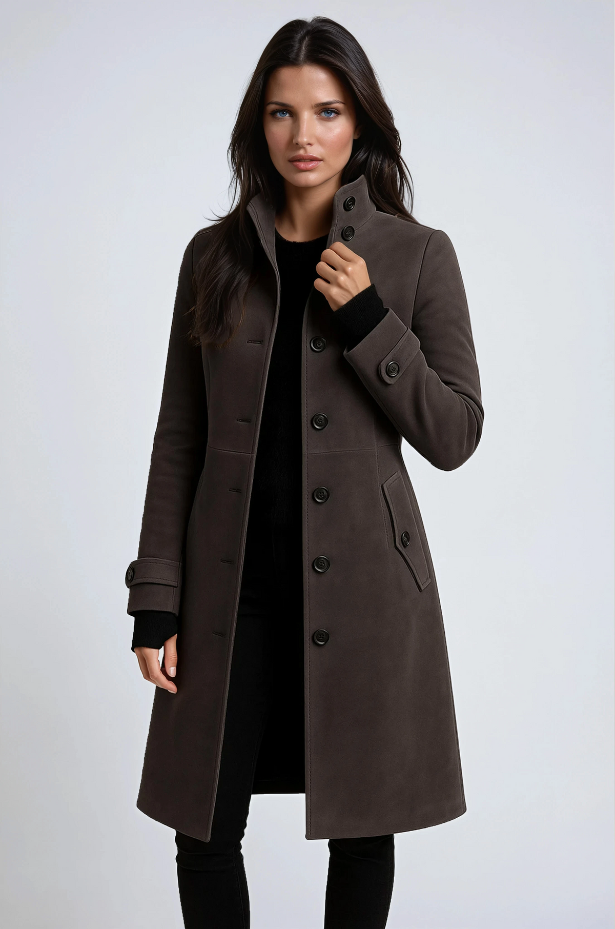 Women's High Collar Long Trench Coat – Dark grey