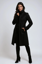 Women's High Collar Long Trench Coat – Black