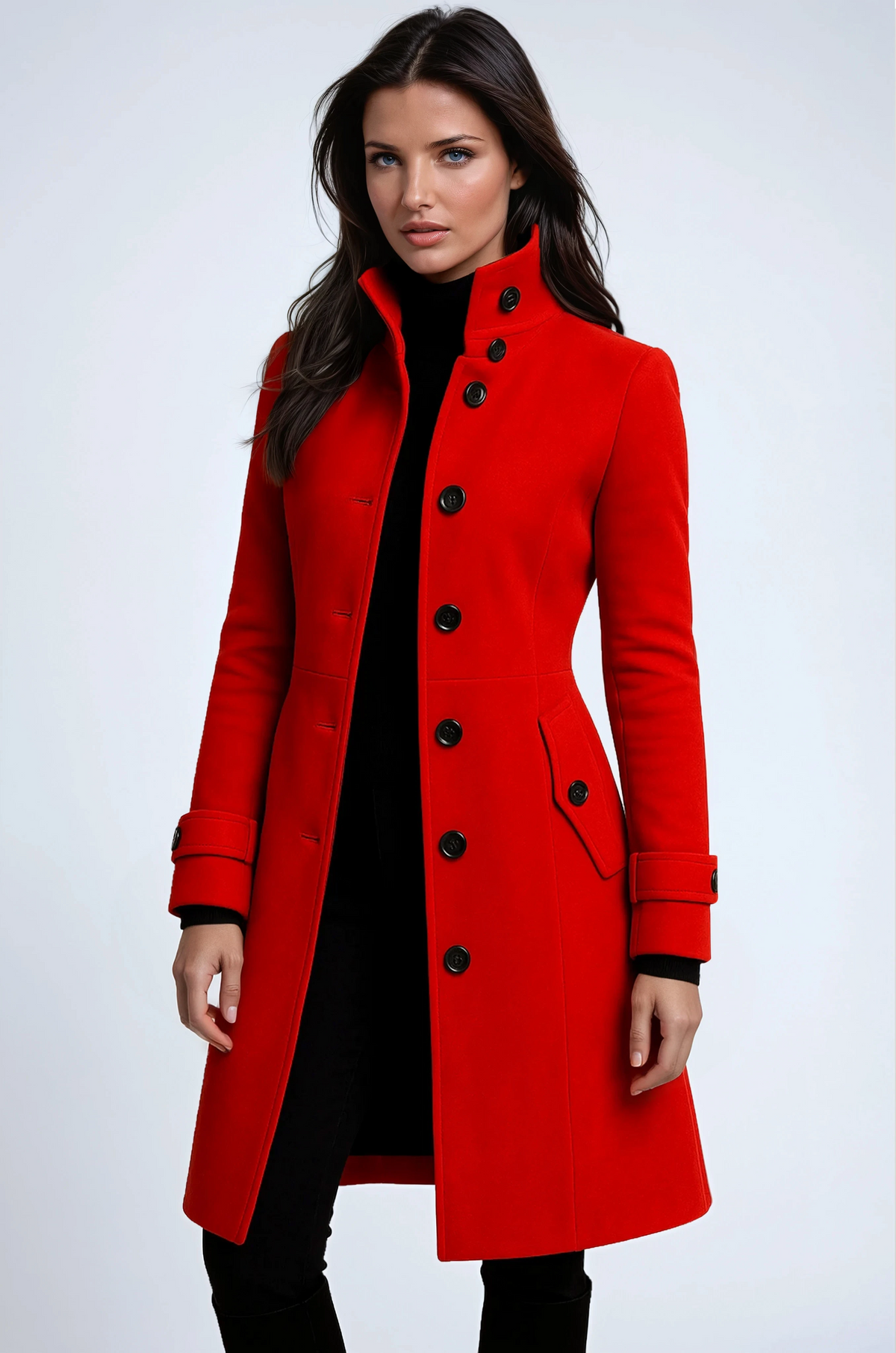 Women's High Collar Long Trench Coat – Red
