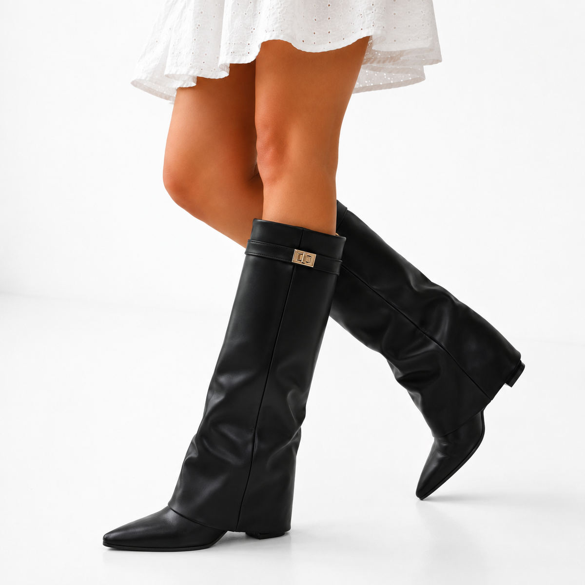 Women's Black Vegan Leather Pointed Toe Knee-High Boots – Black