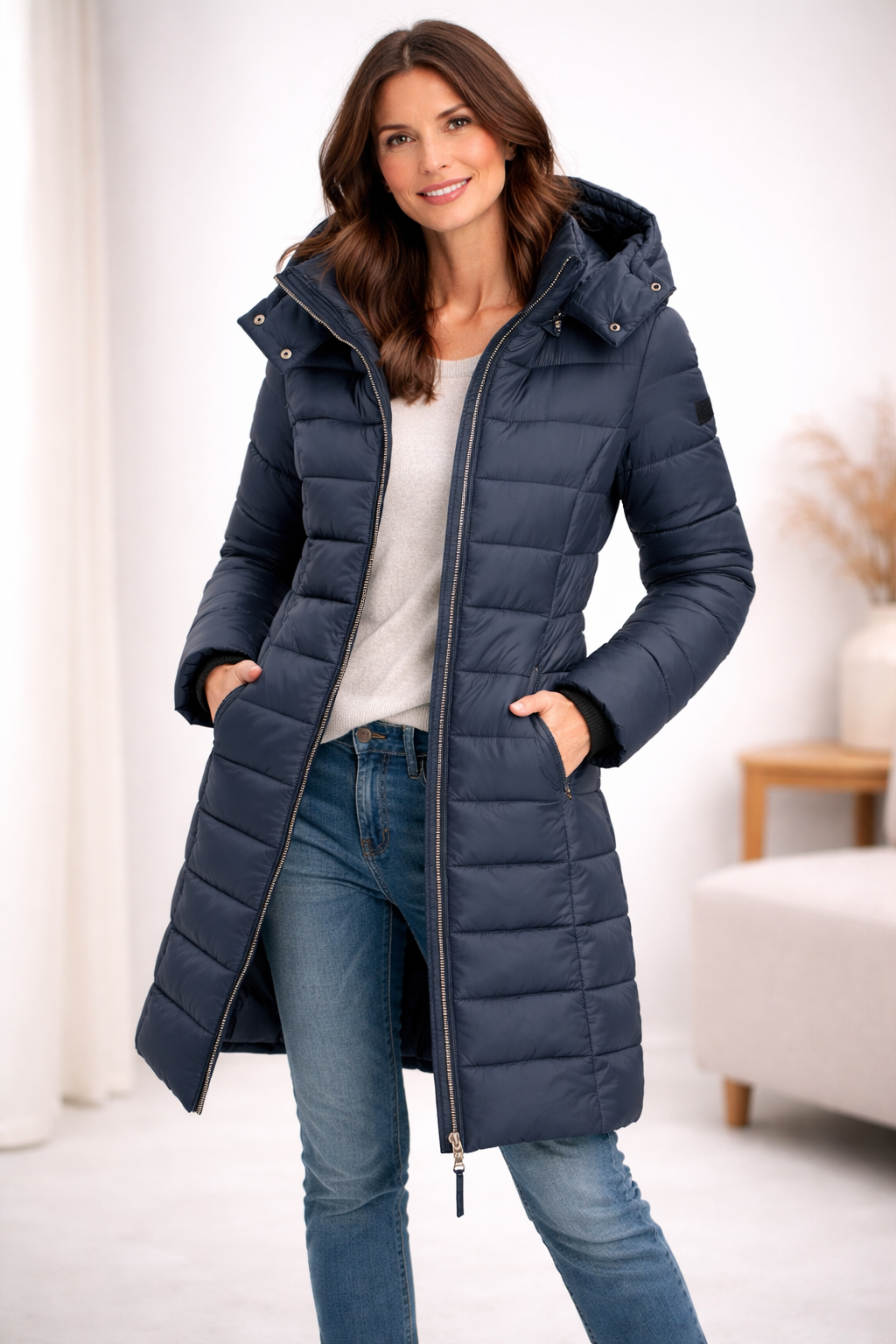 Women's Hooded Zip-Up Puffer Jacket – Everyday Wear – Navy Blue