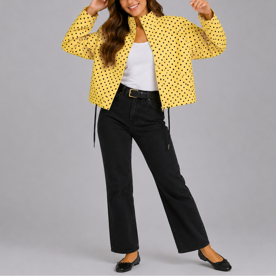 Women's Polka Dot Bomber Jacket – Stand Collar – Yellow