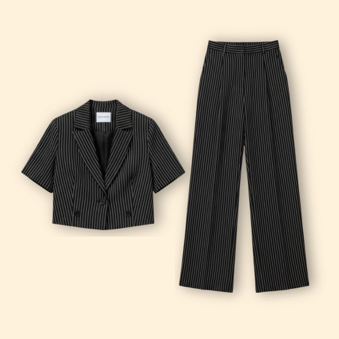 Women's Two-Piece Pinstripe Suit – Cropped Blazer & Wide-Leg Trousers