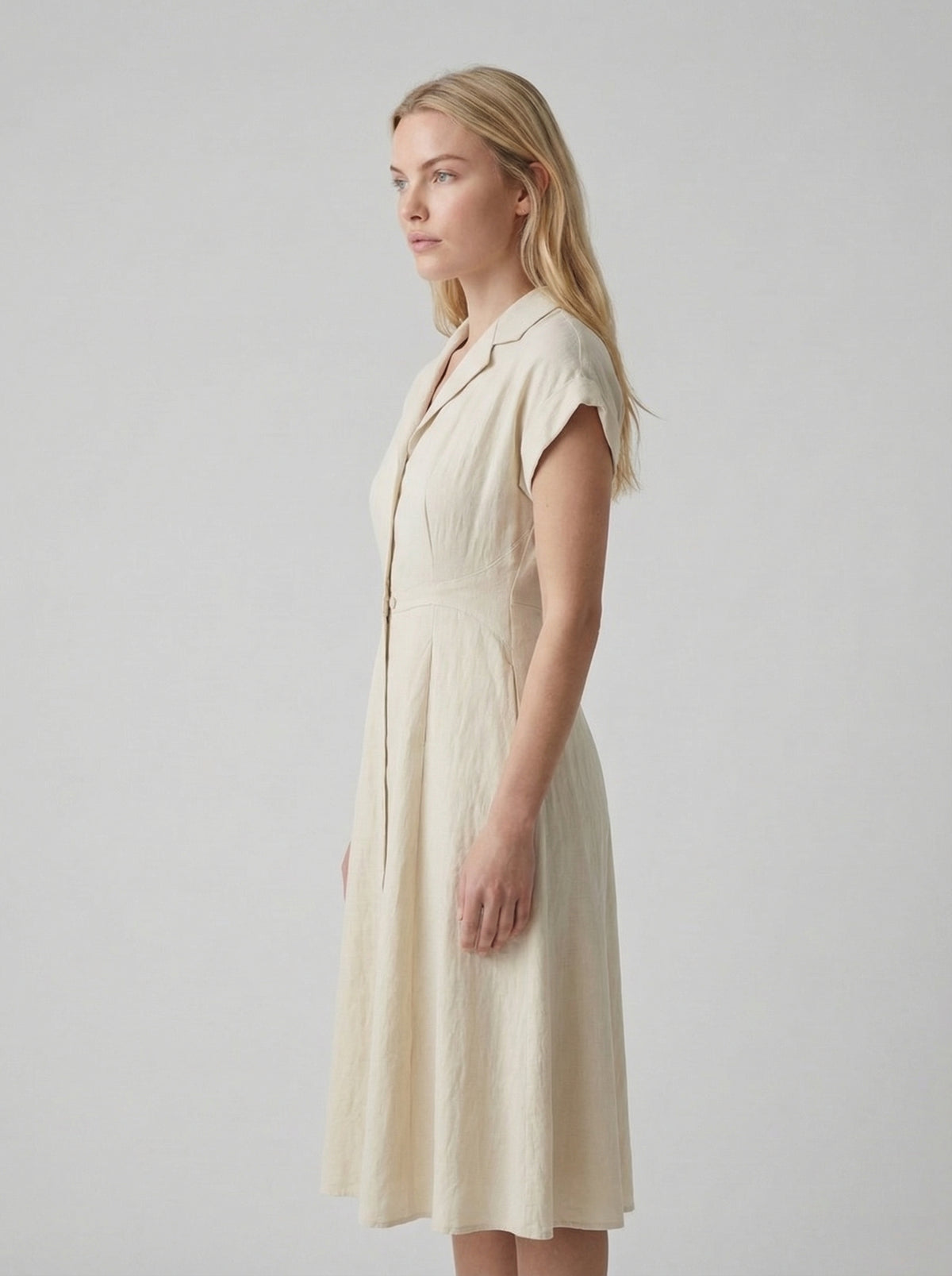 Cotton Linen Midi Dress for Women - Tailored Shirt Style, Casual Wear