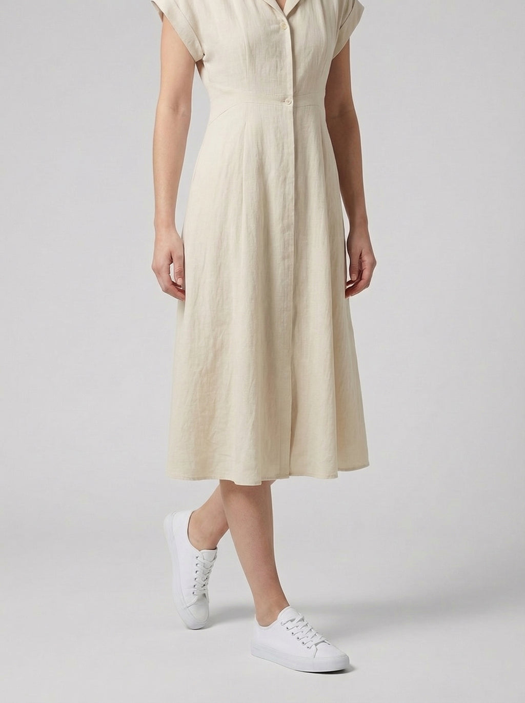 Cotton Linen Midi Dress for Women - Tailored Shirt Style, Casual Wear
