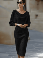 Draped Batwing Sleeve Midi Dress for Women - Elegant Evening Wear