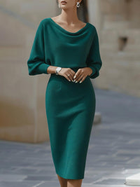 Draped Batwing Sleeve Midi Dress for Women - Elegant Evening Wear