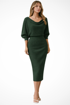 Draped Batwing Sleeve Midi Dress for Women - Elegant Evening Wear