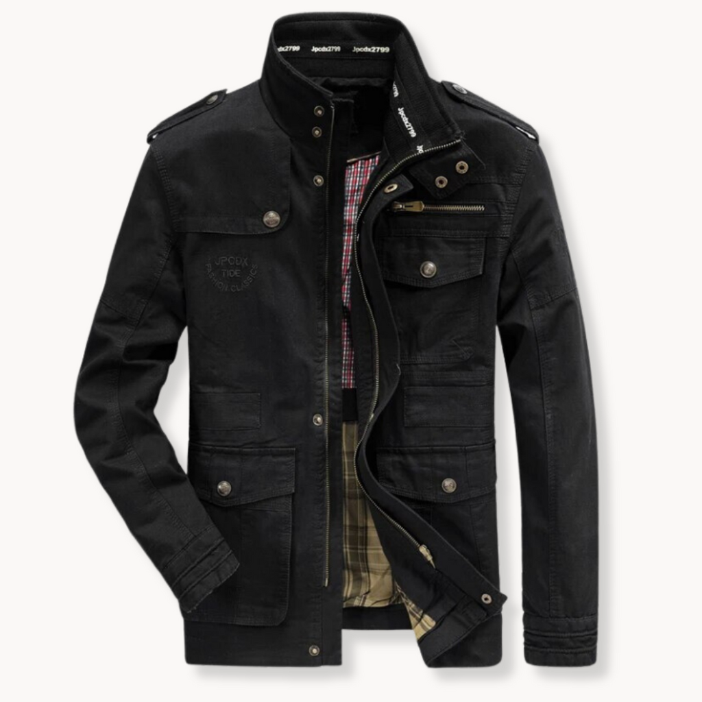 Men's Cotton Cargo Jacket – Stand Collar Utility Jacket – Black
