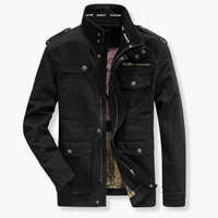 Men's Cotton Cargo Jacket – Stand Collar Utility Jacket – Black