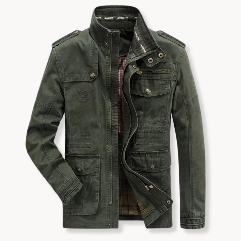 Men's Cotton Cargo Jacket – Stand Collar Utility Jacket – Green