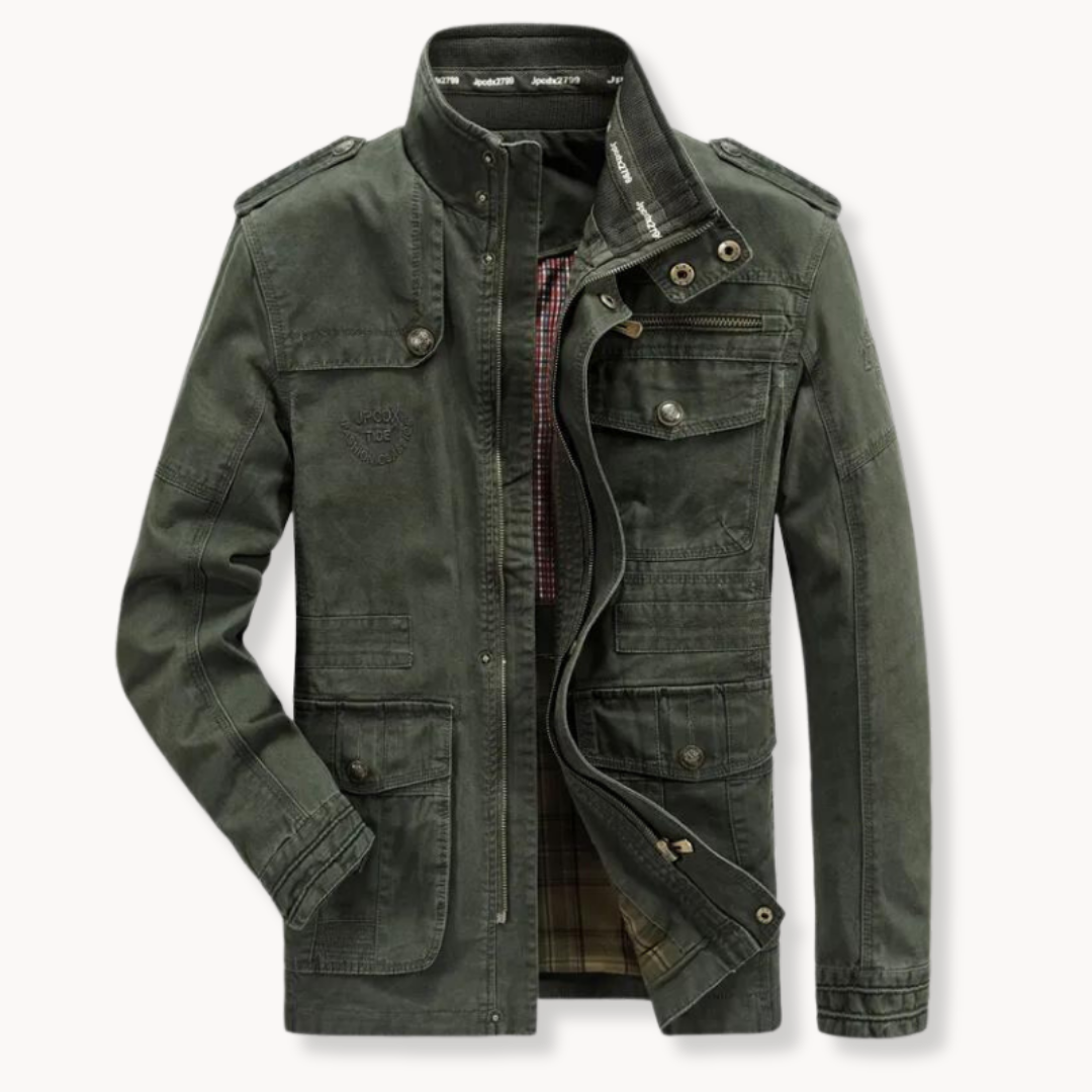 Men's Cotton Cargo Jacket – Stand Collar Utility Jacket – Green