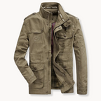 Men's Cotton Cargo Jacket – Stand Collar Utility Jacket – Khaki