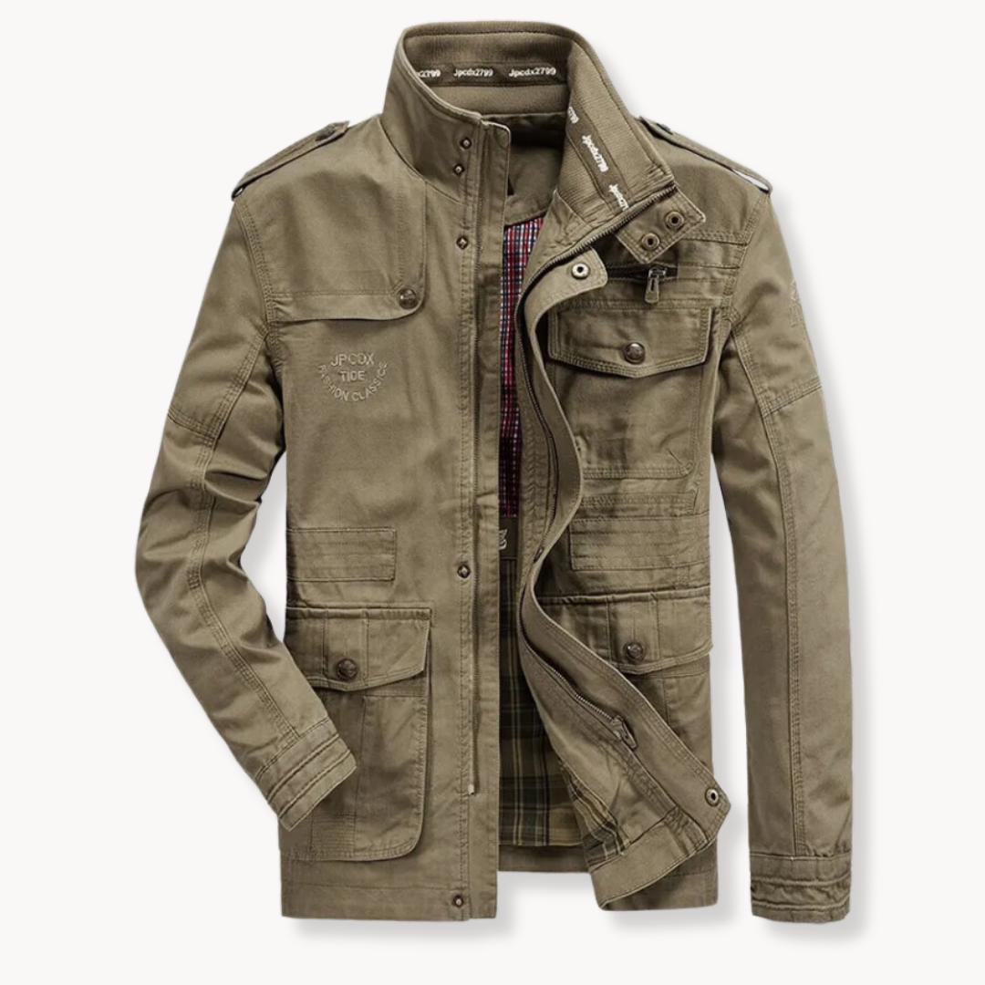 Men's Cotton Cargo Jacket – Stand Collar Utility Jacket – Khaki