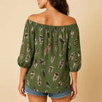 Feather Print V-Neck Blouse | Lightweight Casual Top for Women | Everyday Wear Blouse