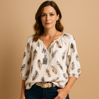 Feather Print V-Neck Blouse | Lightweight Casual Top for Women | Everyday Wear Blouse