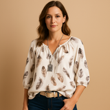Feather Print V-Neck Blouse | Lightweight Casual Top for Women | Everyday Wear Blouse