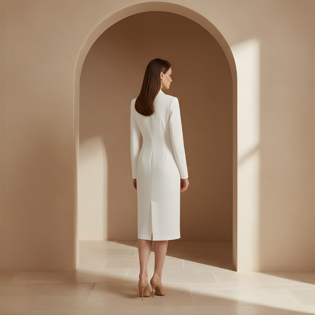Fitted Midi Dress with Elegant Lapel Design for Women's Formal Wear