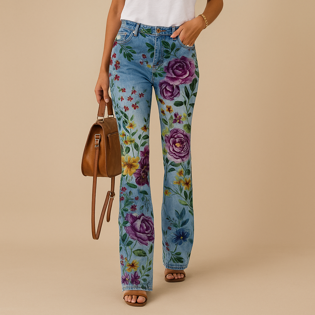 Flared Printed Jeans for Women | Casual Denim Trousers with Unique Pattern | Everyday Fashion Bottoms